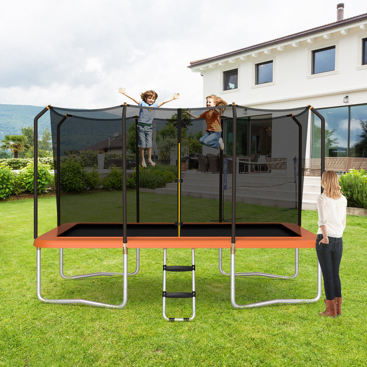 Cama elástica rectangular recreativa de 8 x 14 pies con red de seguridad y escalera