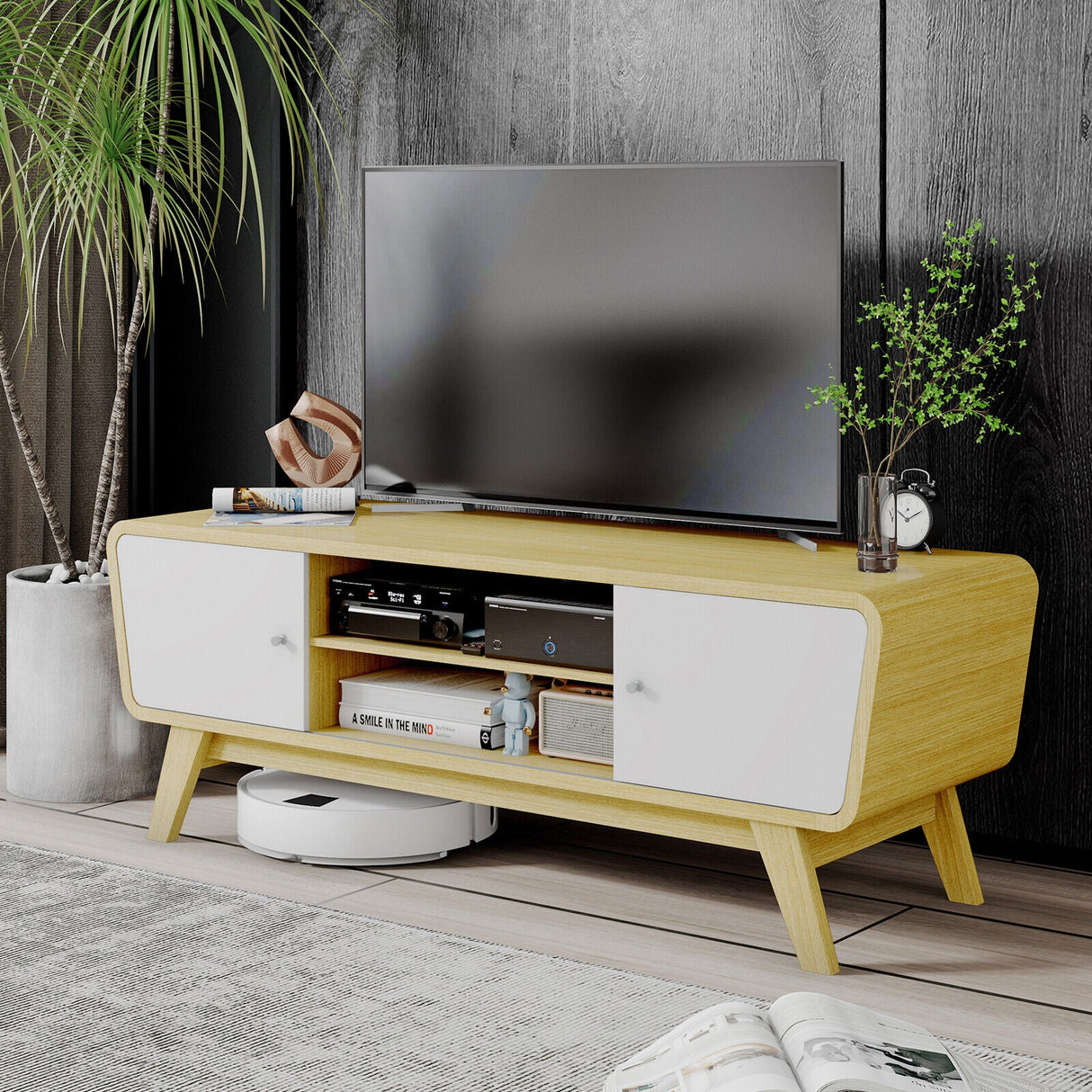 Mueble de TV con puertas corredizas y estante ajustable para televisores de hasta 55 pulgadas