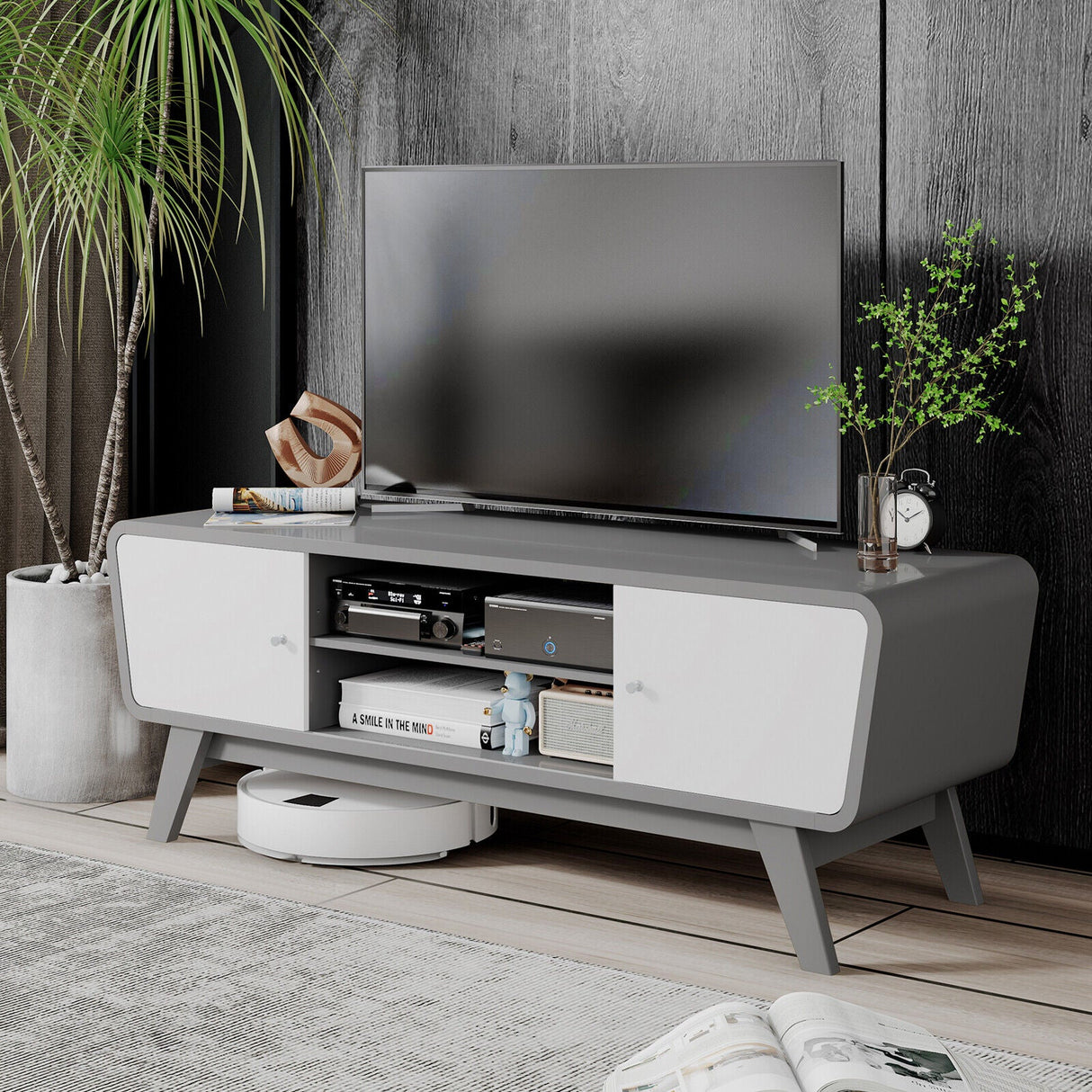 Mueble de TV con puertas corredizas y estante ajustable para televisores de hasta 55 pulgadas