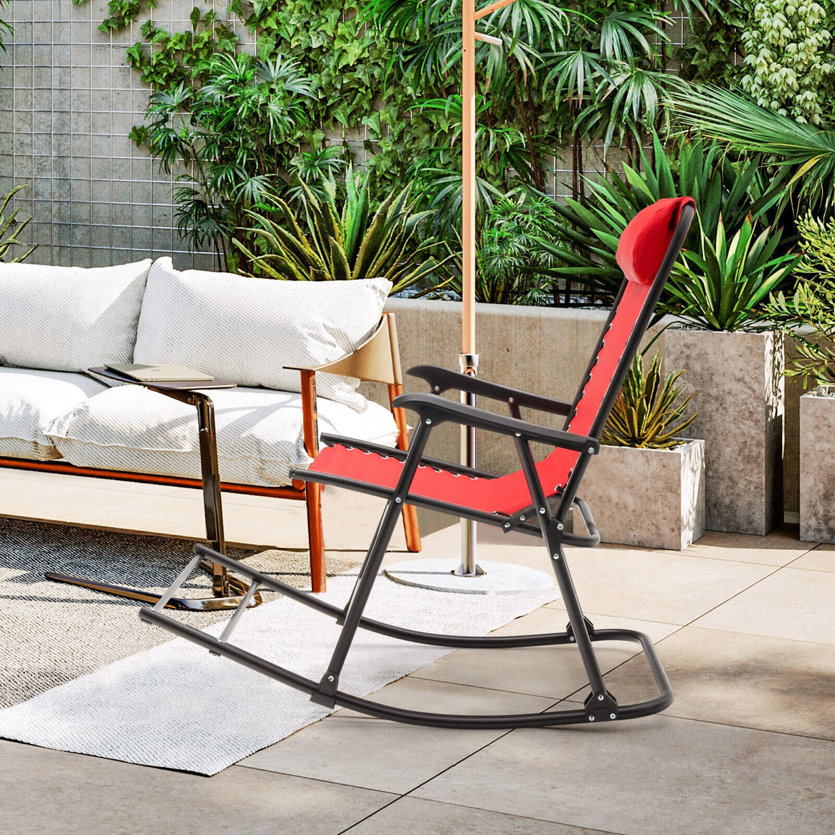 Sillón mecedora plegable liviano para exteriores con reposapiés