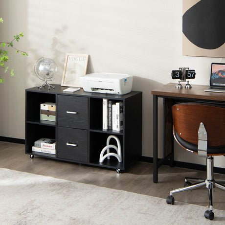 Archivador móvil de madera de 2 cajones con 4 compartimentos abiertos - Negro