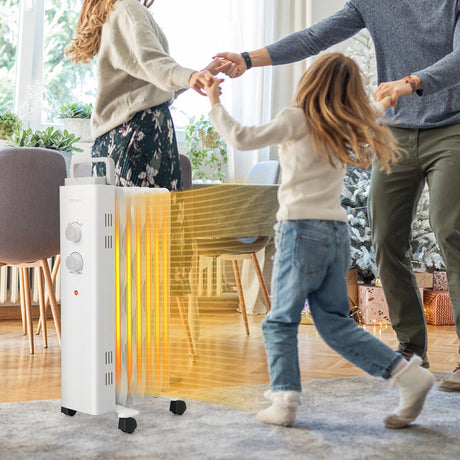 Calentador espacial de aceite de 1500W con ruedas universales y 3 niveles de calor-Blanco