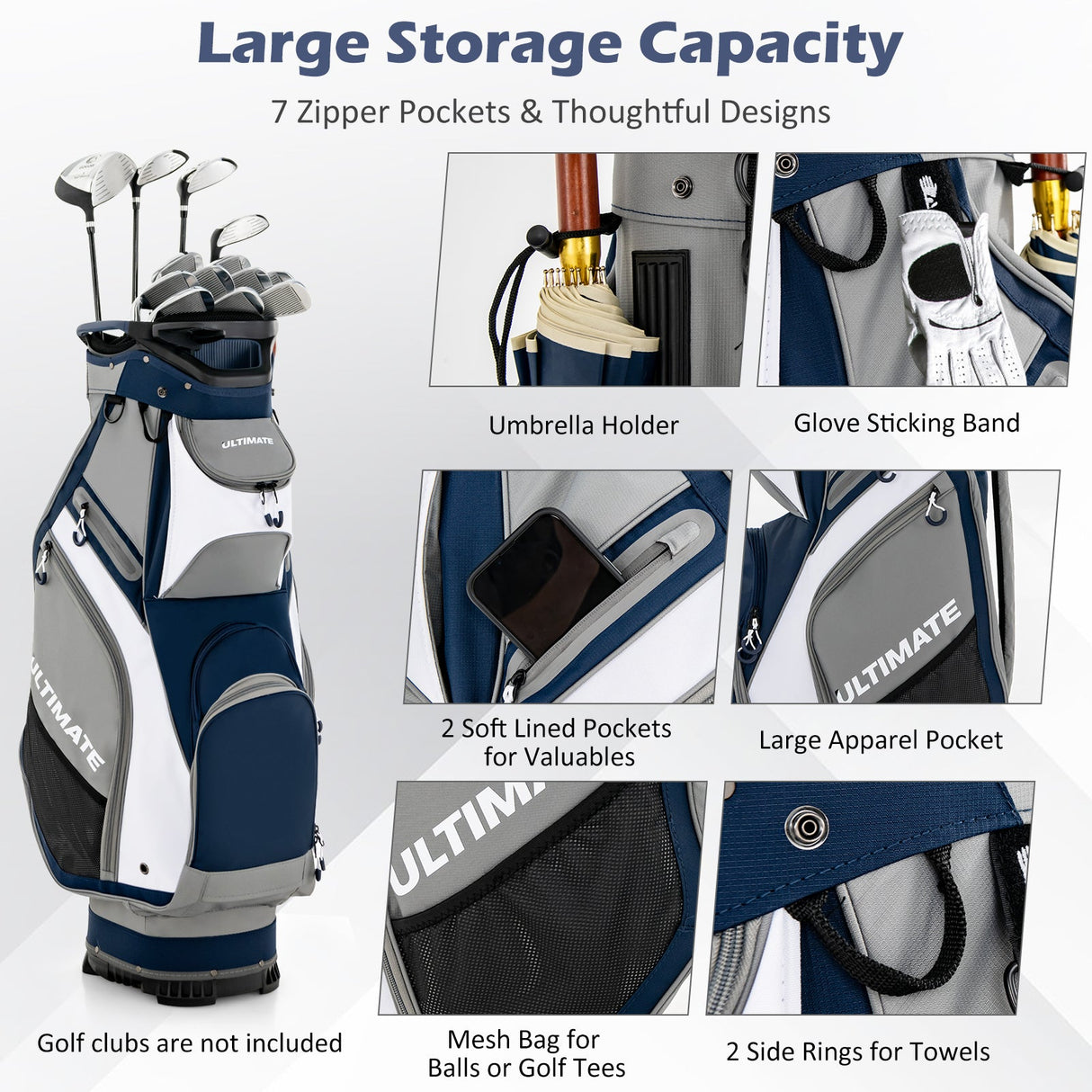 Bolsa de golf de 10.5 pulgadas con 14 divisiones y 7 bolsillos con cremallera