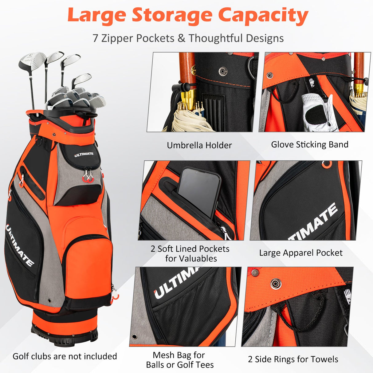 Bolsa de golf de 10.5 pulgadas con 14 divisiones y 7 bolsillos con cremallera