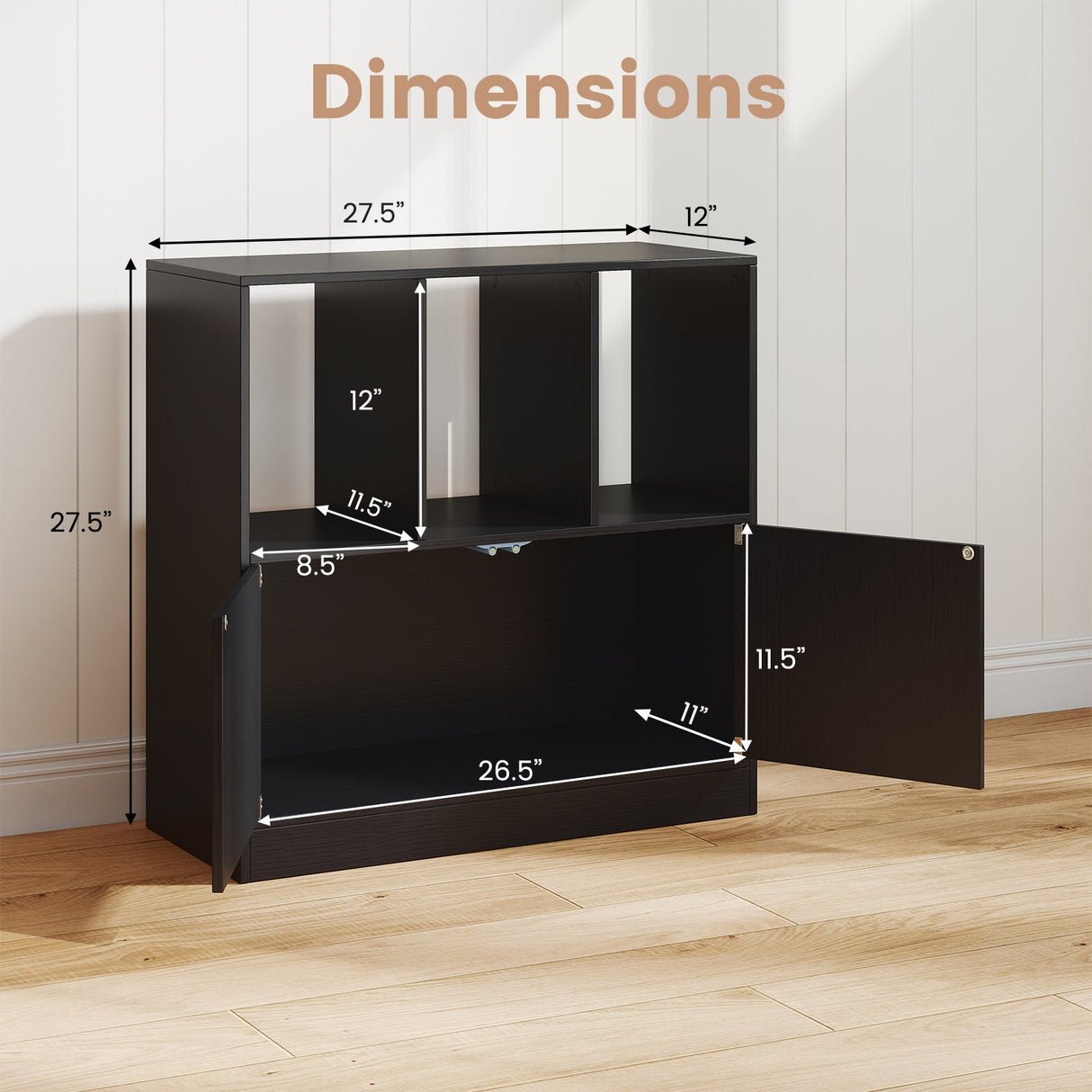 Estantería de 3 cubos con puertas Estantería cúbica de 3 niveles con compartimentos abiertos y armario