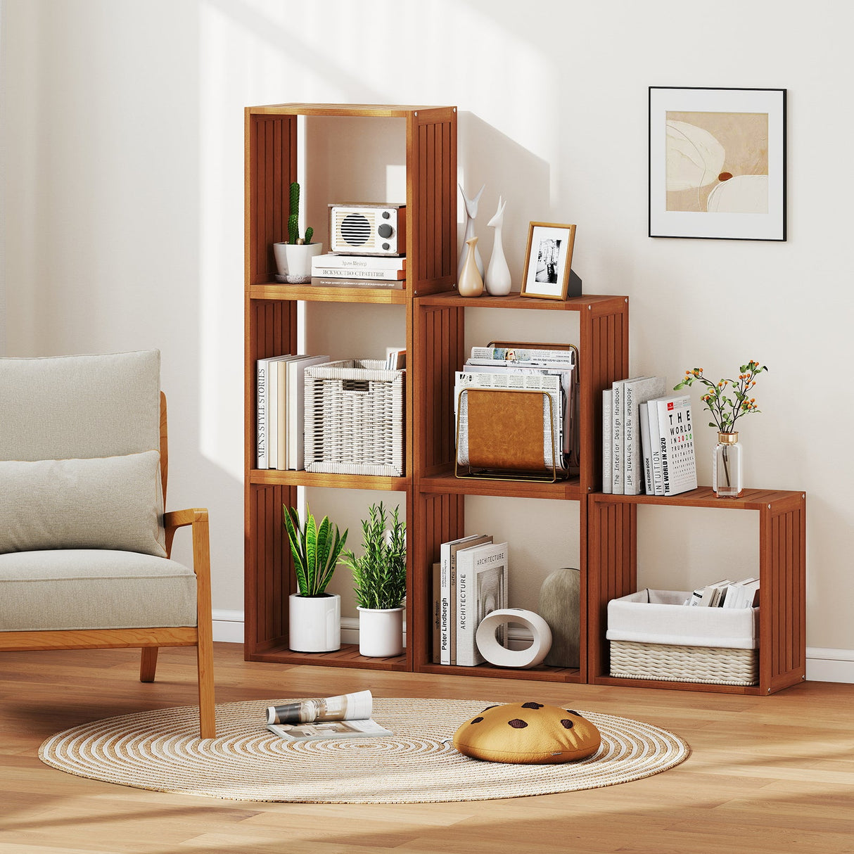 3 estanterías cúbicas de madera maciza, organizadores de almacenamiento apilables con diseño de listones abiertos