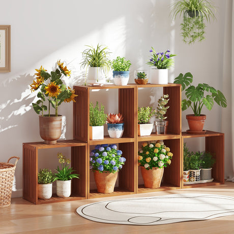 3 estanterías cúbicas de madera maciza, organizadores de almacenamiento apilables con diseño de listones abiertos