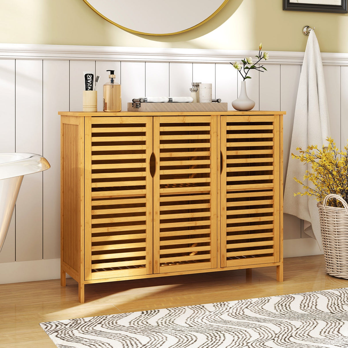 Armario de baño de bambú de 3 puertas con estantes - Natural