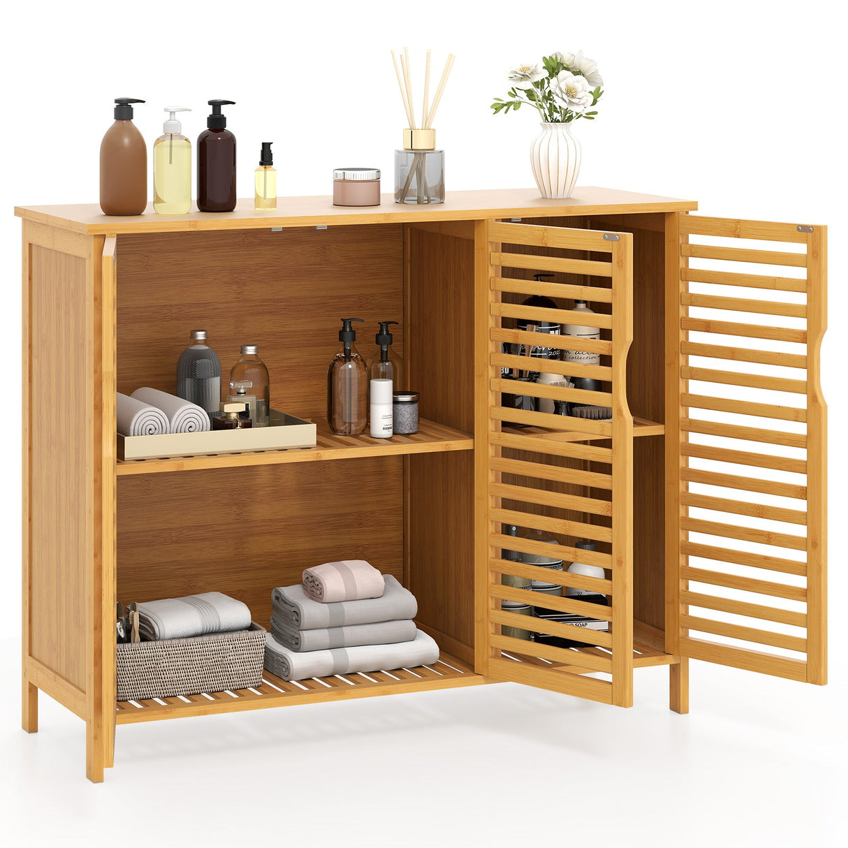 Armario de baño de bambú de 3 puertas con estantes - Natural