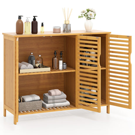 Armario de baño de bambú de 3 puertas con estantes - Natural