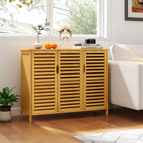 Armario de baño de bambú de 3 puertas con estantes - Natural