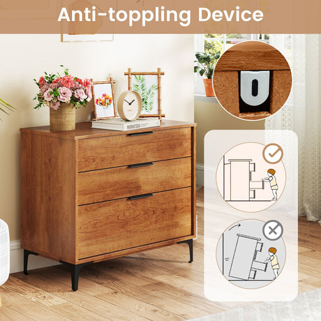 Cómoda de 3 cajones con sistema de bloqueo para dormitorio o sala de estar - Cerezo