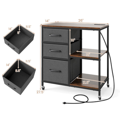 Archivador móvil de 3 cajones con estación de carga, soporte de impresora con ruedas y estantes de almacenamiento abiertos