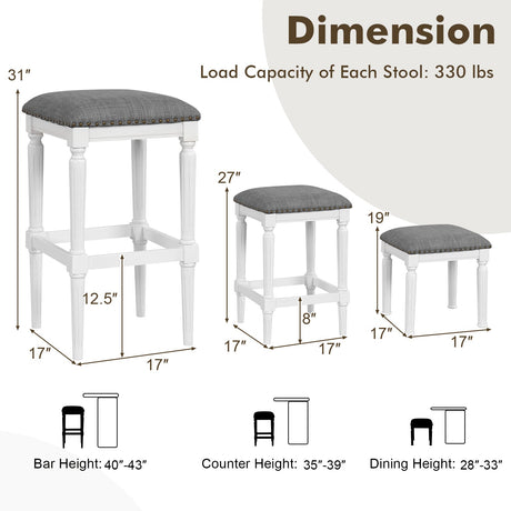 Juego de 2 taburetes de bar de 3 alturas con reposapiés y asiento acolchado - Gris