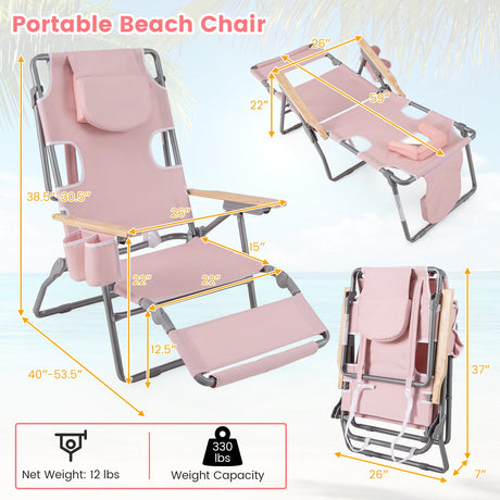 Tumbona de playa plegable 3 en 1 con reposapiés y respaldo ajustable