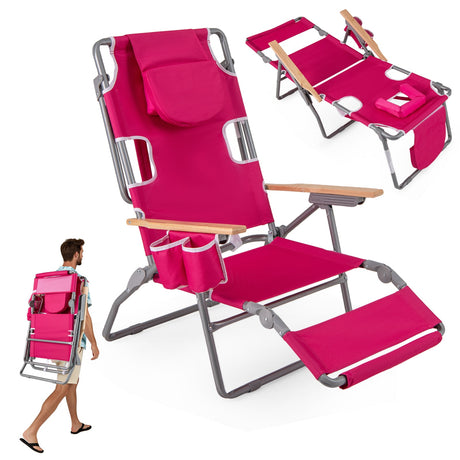 Tumbona de playa plegable 3 en 1 con reposapiés y respaldo ajustable