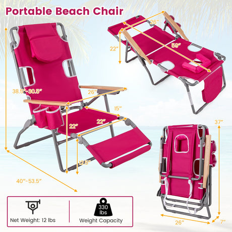 Tumbona de playa plegable 3 en 1 con reposapiés y respaldo ajustable