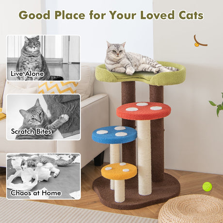 Rascador para gatos 3 en 1, 3 postes de sisal totalmente forrados, alfombra y plataformas extraíbles - Multicolor