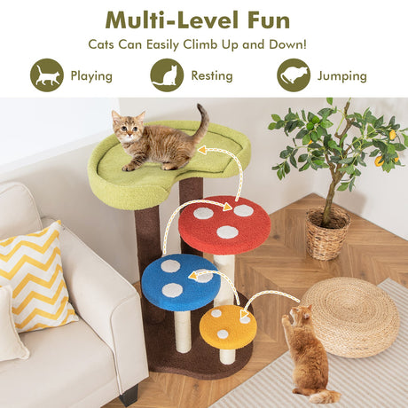 Rascador para gatos 3 en 1, 3 postes de sisal totalmente forrados, alfombra y plataformas extraíbles - Multicolor