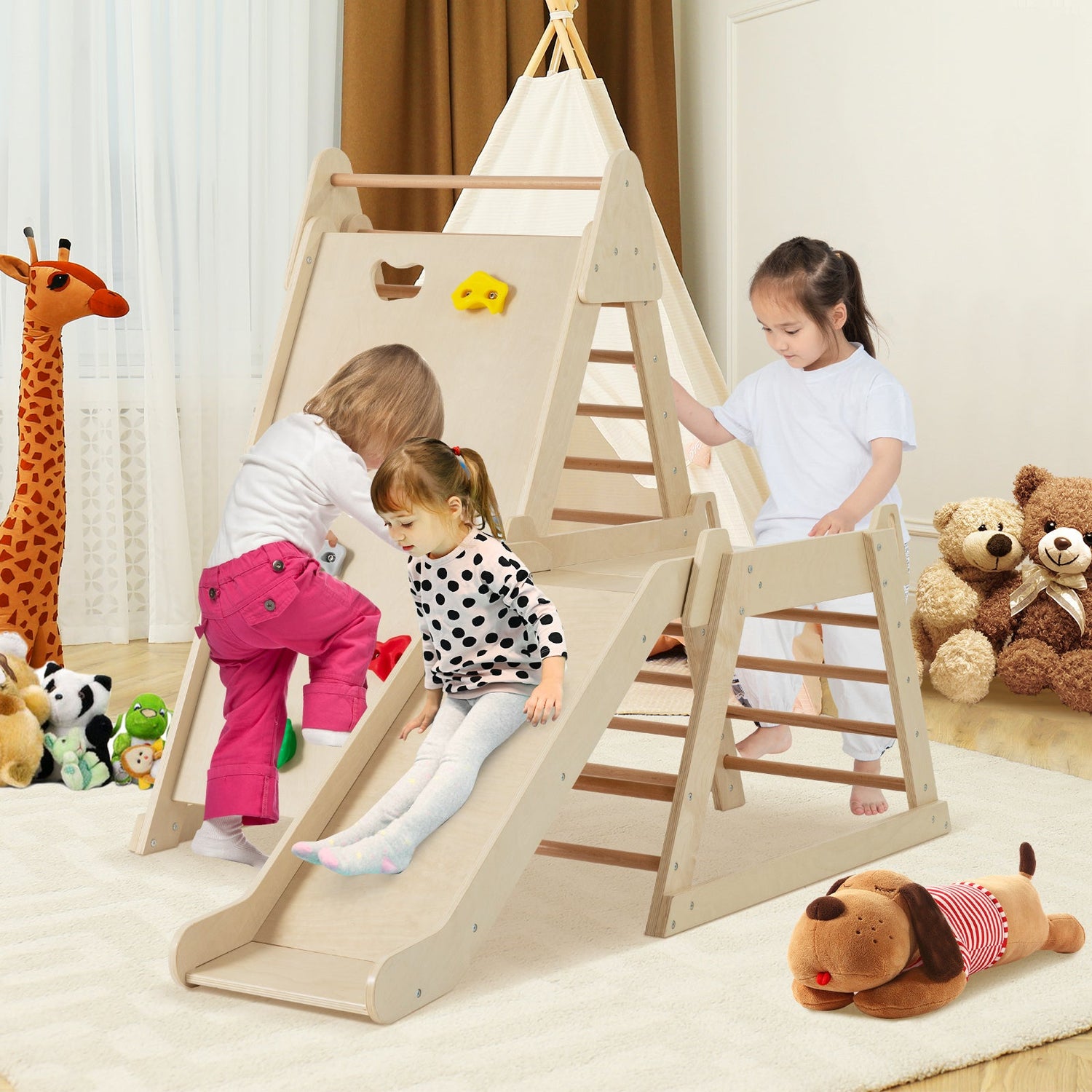 Gimnasio de 3 en 1 para interior con tobogán extendido para niños pequeños - Natural