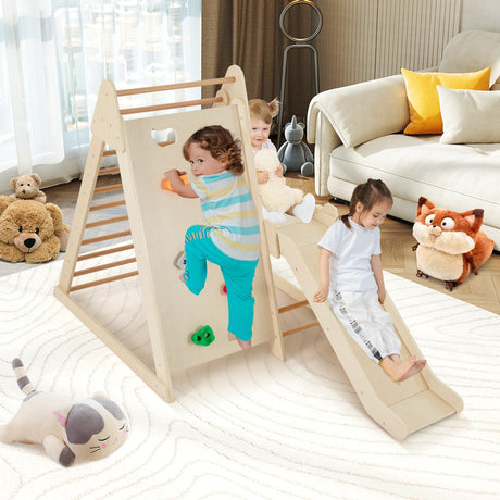 Gimnasio de 3 en 1 para interior con tobogán extendido para niños pequeños - Natural