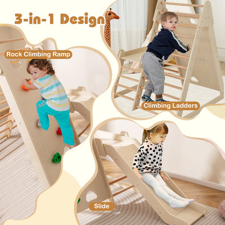 Gimnasio de 3 en 1 para interior con tobogán extendido para niños pequeños - Natural