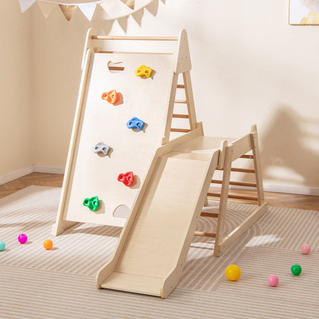 Gimnasio de 3 en 1 para interior con tobogán extendido para niños pequeños - Natural