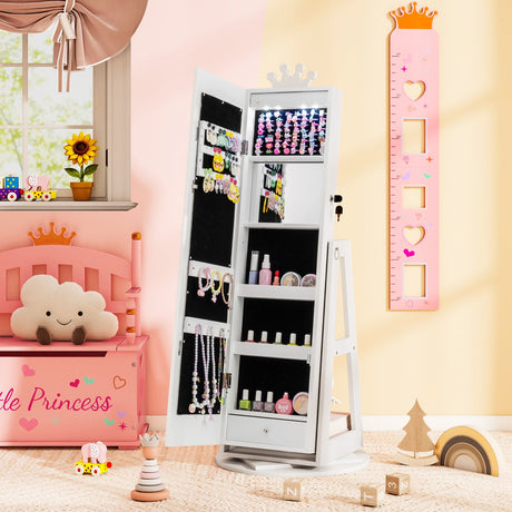 Gabinete de joyería 3 en 1 para niños con espejo de cuerpo entero iluminado de 3 colores y espejo interno