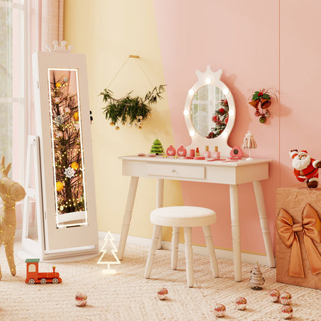 Gabinete de joyería 3 en 1 para niños con espejo de cuerpo entero iluminado de 3 colores y espejo interno