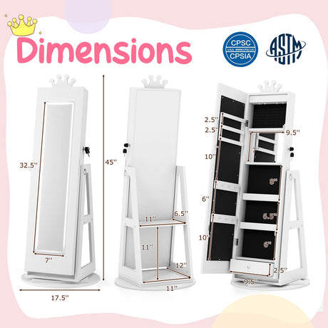 Gabinete de joyería 3 en 1 para niños con espejo de cuerpo entero iluminado de 3 colores y espejo interno