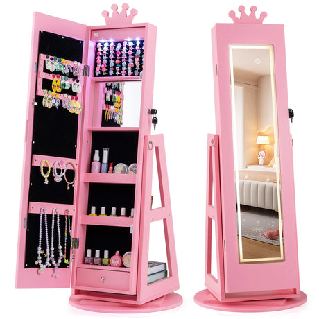Gabinete de joyería 3 en 1 para niños con espejo de cuerpo entero iluminado de 3 colores y espejo interno