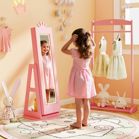 Gabinete de joyería 3 en 1 para niños con espejo de cuerpo entero iluminado de 3 colores y espejo interno