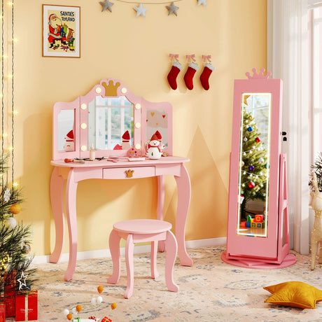Gabinete de joyería 3 en 1 para niños con espejo de cuerpo entero iluminado de 3 colores y espejo interno