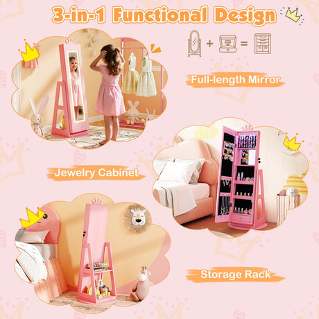 Gabinete de joyería 3 en 1 para niños con espejo de cuerpo entero iluminado de 3 colores y espejo interno