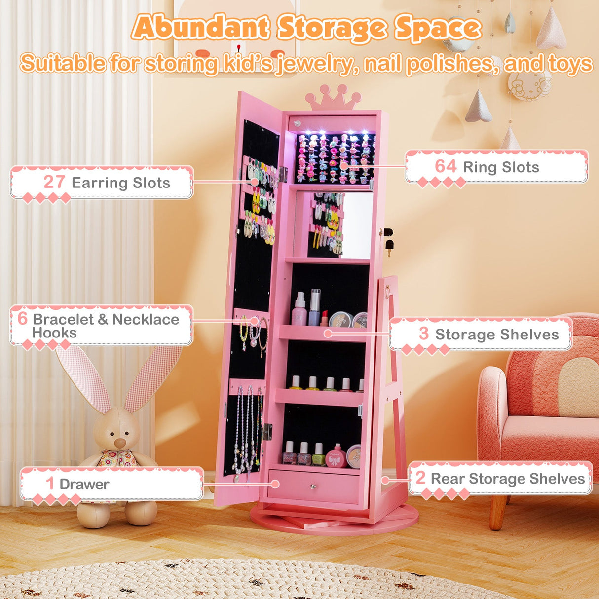 3 In 1 Kids Jewelry Cabinet with 3-Color Lighted Full Length Mirror and Internal Mirror