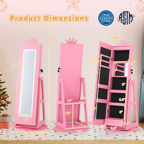 Gabinete de joyería 3 en 1 para niños con espejo de cuerpo entero iluminado de 3 colores y espejo interno