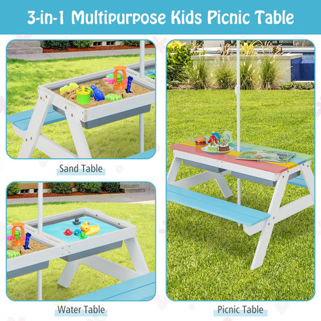 Mesa de agua y arena de picnic para niños 3 en 1 con