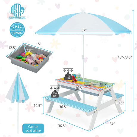 Mesa de agua y arena de picnic para niños 3 en 1 con