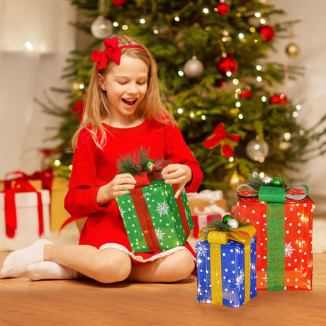Juego de 3 cajas de regalo navideñas iluminadas con 52 luces LED preiluminadas