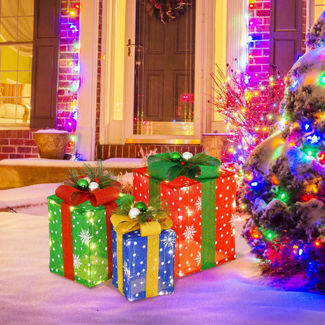 Juego de 3 cajas de regalo navideñas iluminadas con 52 luces LED preiluminadas