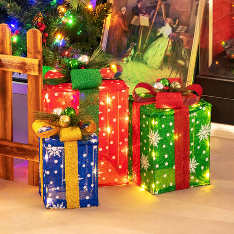 Juego de 3 cajas de regalo navideñas iluminadas con 52 luces LED preiluminadas
