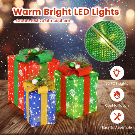 Juego de 3 cajas de regalo navideñas iluminadas con 52 luces LED preiluminadas