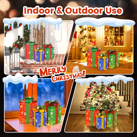 Juego de 3 cajas de regalo navideñas iluminadas con 52 luces LED preiluminadas