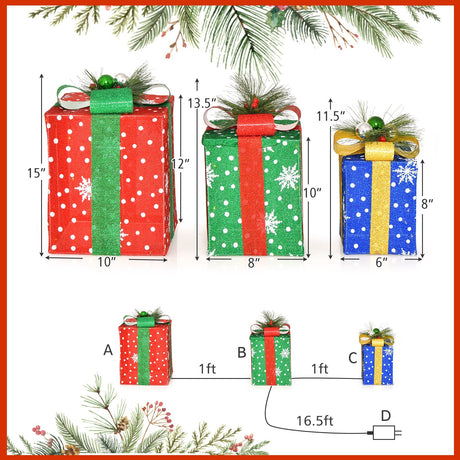 Juego de 3 cajas de regalo navideñas iluminadas con 52 luces LED preiluminadas