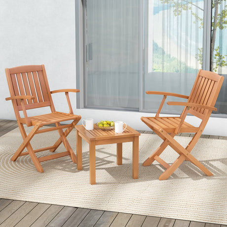 Juego de bistró de patio de madera de eucalipto de 3 piezas con 2 sillones plegables