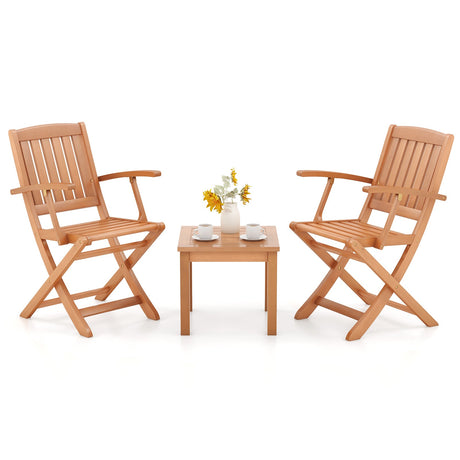 Juego de bistró de patio de madera de eucalipto de 3 piezas con 2 sillones plegables
