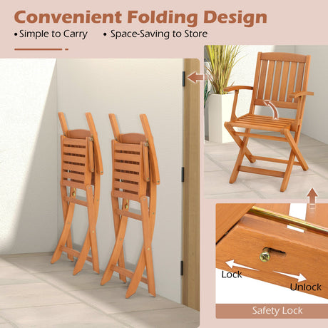 Juego de bistró de patio de madera de eucalipto de 3 piezas con 2 sillones plegables