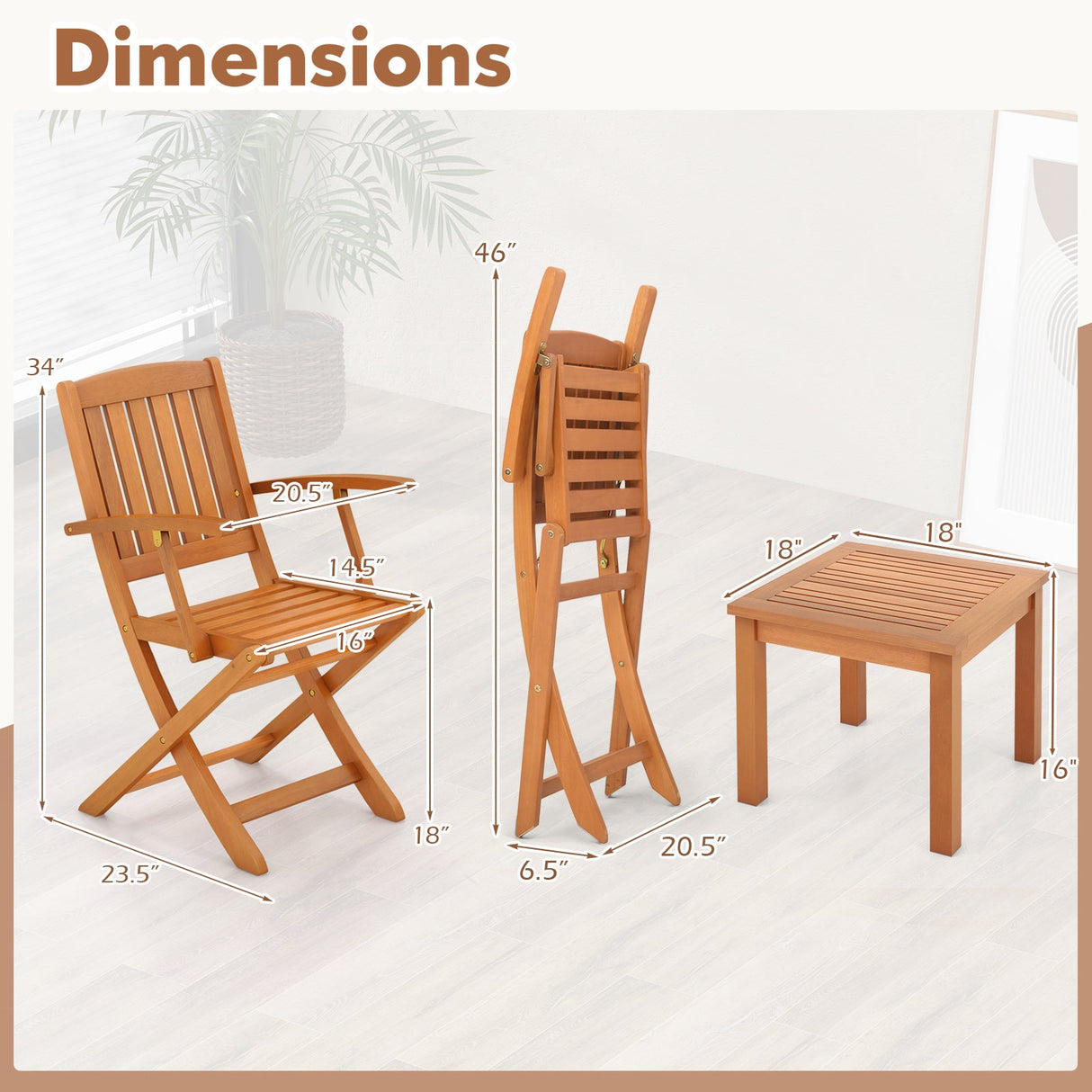 Juego de bistró de patio de madera de eucalipto de 3 piezas con 2 sillones plegables
