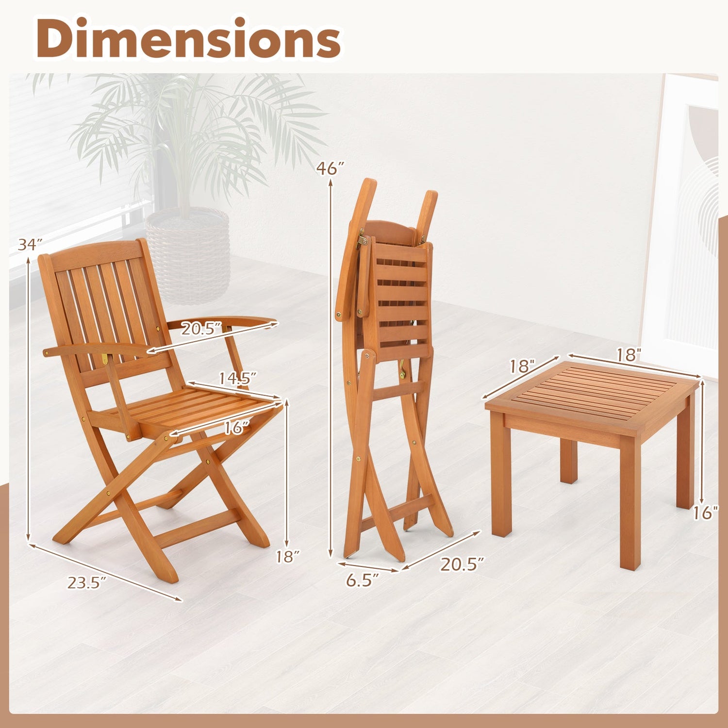 Juego de bistró de patio de madera de eucalipto de 3 piezas con 2 sillones plegables