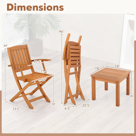 Juego de bistró de patio de madera de eucalipto de 3 piezas con 2 sillones plegables